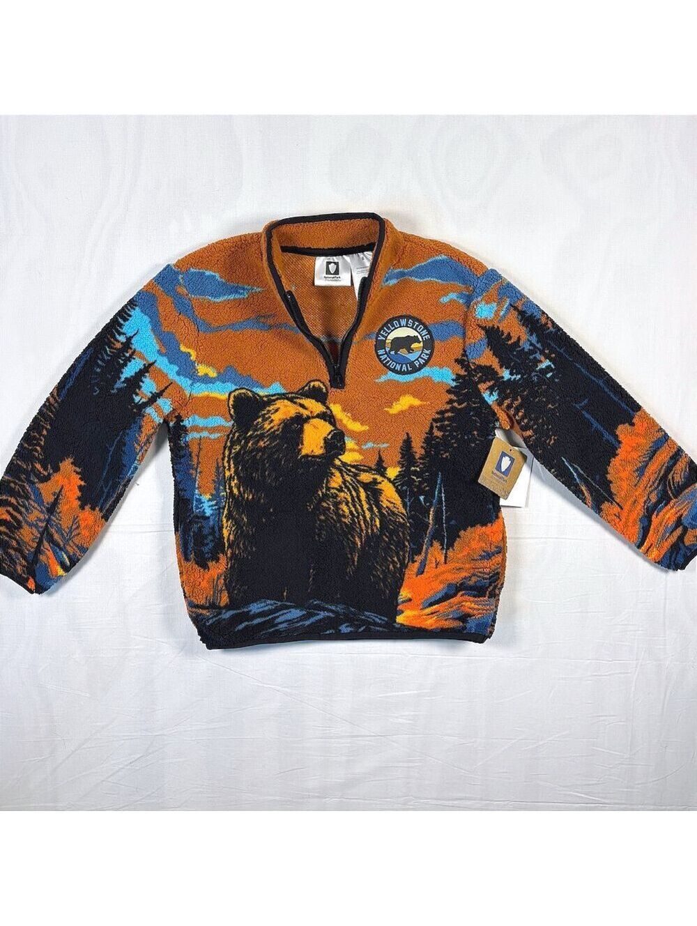 NWT Youth M (8) Yellowstone National Park Bear Sherpa Fleece 1/4 Zip Pullover